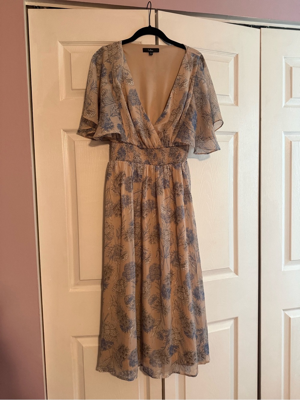 Lulu's Beige Midi Dress with Blue Floral Print